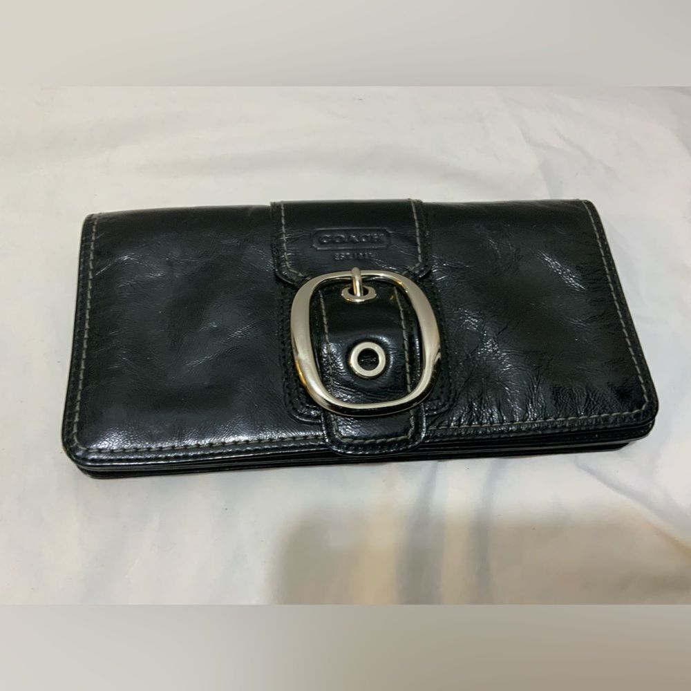 Coach Bleecker Patent Leather Black Clutch Wallet With Front Buckle